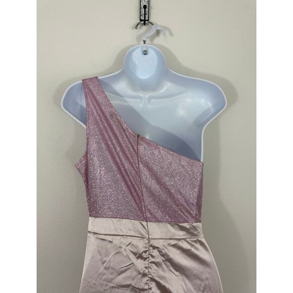Faeriesty Pink Glitter One-Shoulder Satin Maxi Gown | Size S | New Without Tags - Picture 6 of 8